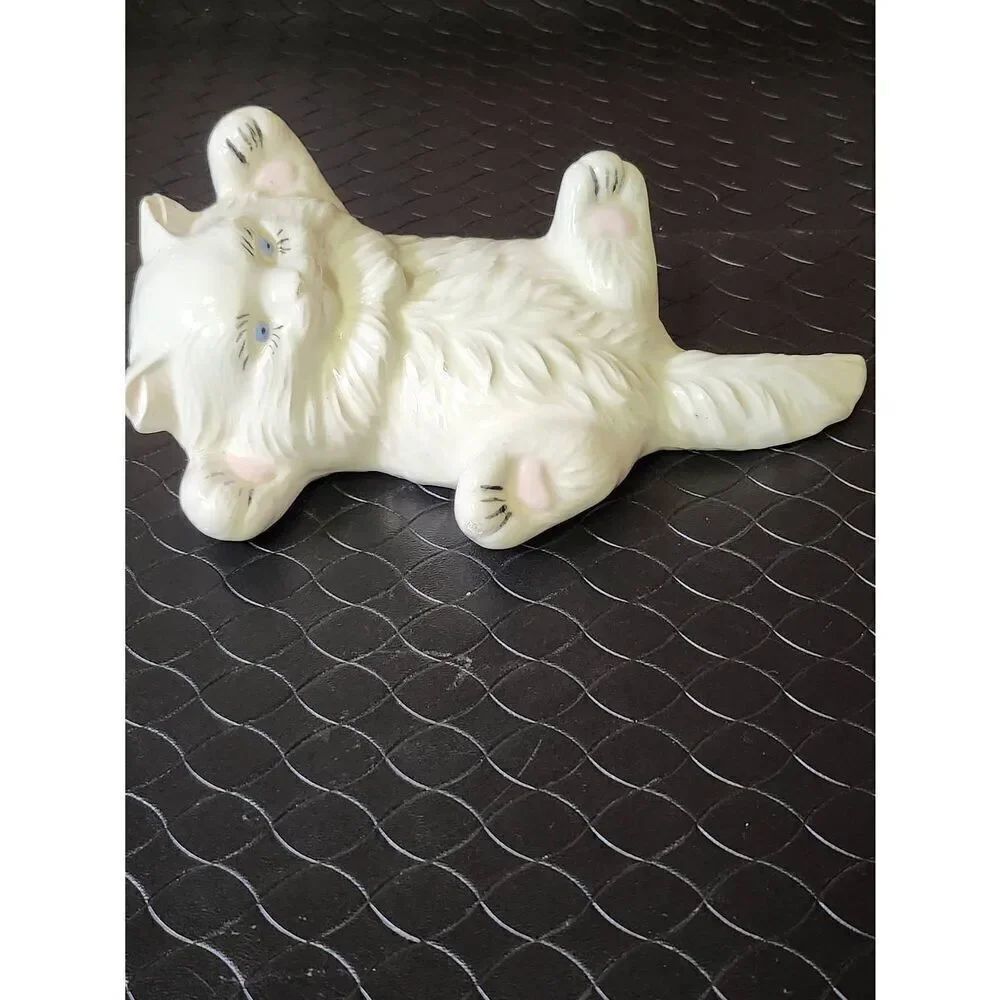 Vintage White Fluffy Ceramic Cat Figurine Laying Down with Belly Up